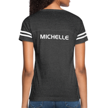 Load image into Gallery viewer, GRÜVN Women’s Vintage Sport T-Shirt - Michelle on back - vintage smoke/white
