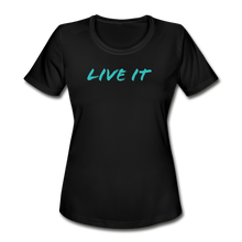 Load image into Gallery viewer, LIVE IT Women&#39;s Moisture Wicking Performance T-Shirt (GRUVN on back) - Blue Logo (4 Colors) - black
