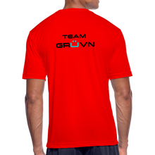 Load image into Gallery viewer, GRÜVN Men’s Moisture Wicking Performance T-Shirt (TEAM GRUVN on back) - Black &amp; Blue Logo (4 Colors) - red
