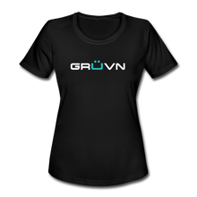 Load image into Gallery viewer, GRÜVN Women&#39;s Moisture Wicking Performance T-Shirt - White &amp; Blue Logo (3 Colors) - black
