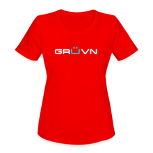 Load image into Gallery viewer, GRÜVN Women&#39;s Moisture Wicking Performance T-Shirt - White &amp; Blue Logo (3 Colors) - red
