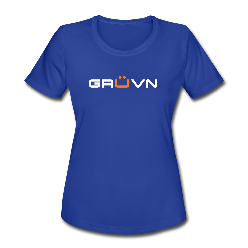 GRÜVN Women's Moisture Wicking Performance T-Shirt - White & Orange Logo (4 Colors) - royal blue