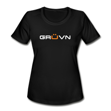Load image into Gallery viewer, GRÜVN Women&#39;s Moisture Wicking Performance T-Shirt - White &amp; Orange Logo (4 Colors) - black
