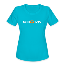 Load image into Gallery viewer, GRÜVN Women&#39;s Moisture Wicking Performance T-Shirt - White &amp; Orange Logo (4 Colors) - turquoise
