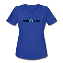 Load image into Gallery viewer, GRÜVN Women&#39;s Moisture Wicking Performance T-Shirt - Black &amp; Blue Logo (3 Colors) - royal blue
