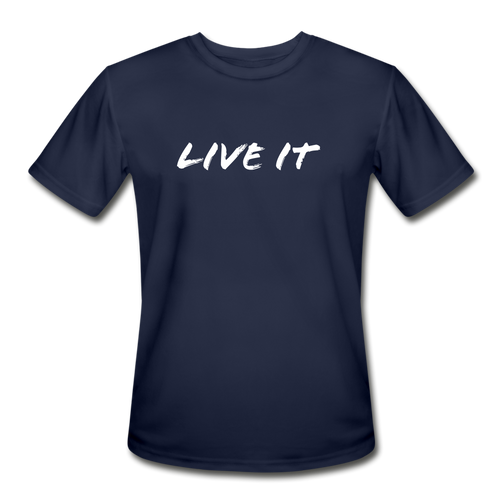 LIVE IT Men’s Moisture Wicking Performance T-Shirt (GRÜVN on back) White Logo (4 Colors) - navy