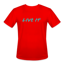 Load image into Gallery viewer, LIVE IT Men’s Moisture Wicking Performance T-Shirt (GRÜVN on back) Blue Logo (4 Colors) - red
