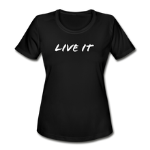 Load image into Gallery viewer, LIVE IT Women&#39;s Moisture Wicking Performance T-Shirt (GRUVN on back) - White Logo (4 Colors) - black

