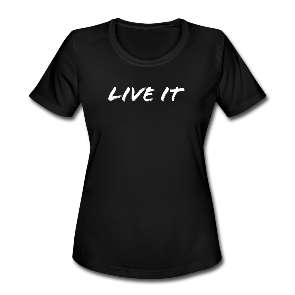 LIVE IT Women's Moisture Wicking Performance T-Shirt (GRUVN on back) - White Logo (4 Colors) - black