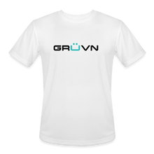 Load image into Gallery viewer, GRÜVN Men’s Moisture Wicking Performance T-Shirt (TRIAD &amp; TEAM GRUVN on back) - Black &amp; Blue Logo (4 Colors) - white
