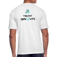Load image into Gallery viewer, GRÜVN Men’s Moisture Wicking Performance T-Shirt (TRIAD &amp; TEAM GRUVN on back) - Black &amp; Blue Logo (4 Colors) - white
