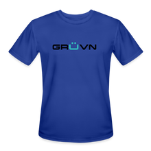 Load image into Gallery viewer, GRÜVN Men’s Moisture Wicking Performance T-Shirt (TRIAD &amp; TEAM GRUVN on back) - Black &amp; Blue Logo (4 Colors) - royal blue
