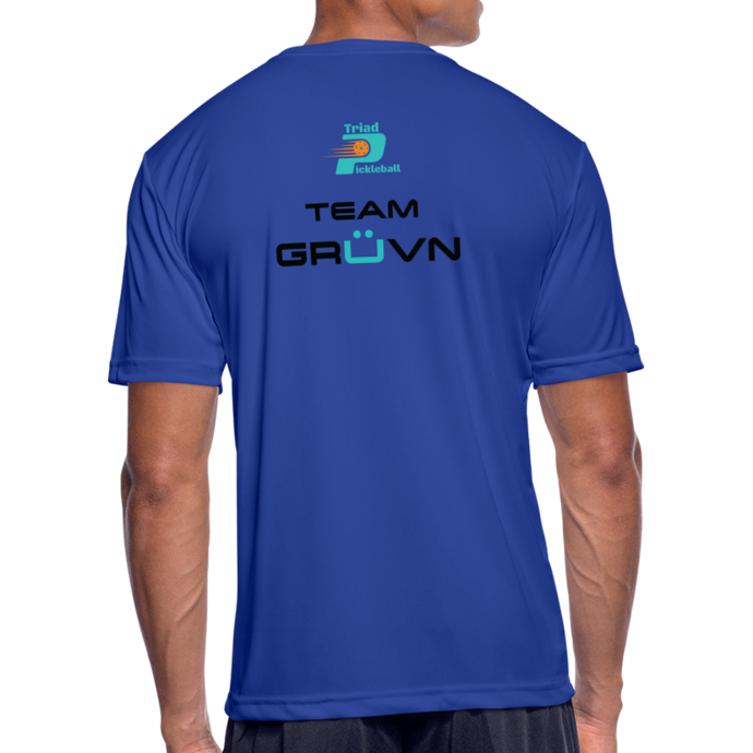 GRÜVN Men’s Moisture Wicking Performance T-Shirt (TRIAD & TEAM GRUVN on back) - Black & Blue Logo (4 Colors) - royal blue