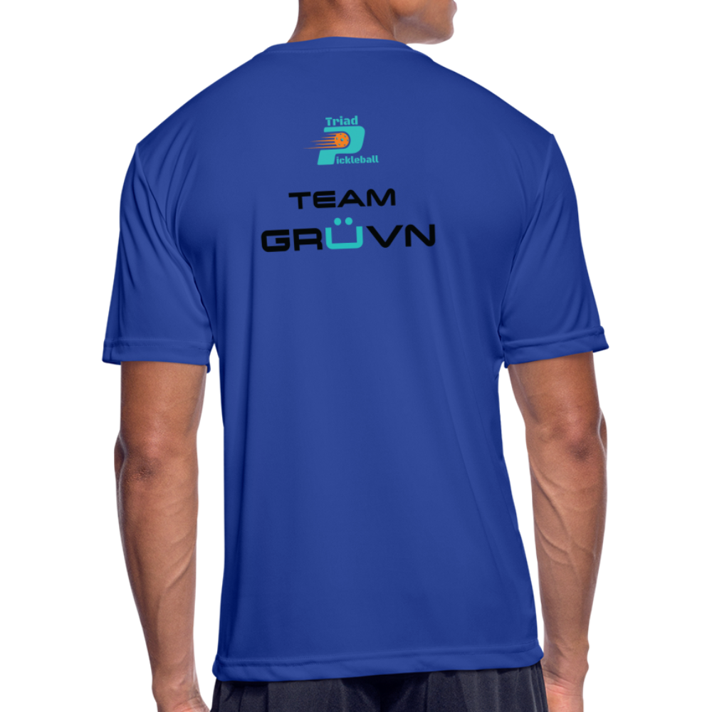 GRÜVN Men’s Moisture Wicking Performance T-Shirt (TRIAD & TEAM GRUVN on back) - Black & Blue Logo (4 Colors) - royal blue