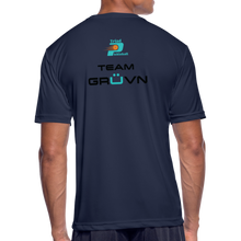 Load image into Gallery viewer, GRÜVN Men’s Moisture Wicking Performance T-Shirt (TRIAD &amp; TEAM GRUVN on back) - Black &amp; Blue Logo (4 Colors) - navy
