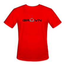 Load image into Gallery viewer, GRÜVN Men’s Moisture Wicking Performance T-Shirt (TRIAD &amp; TEAM GRUVN on back) - Black &amp; Blue Logo (4 Colors) - red
