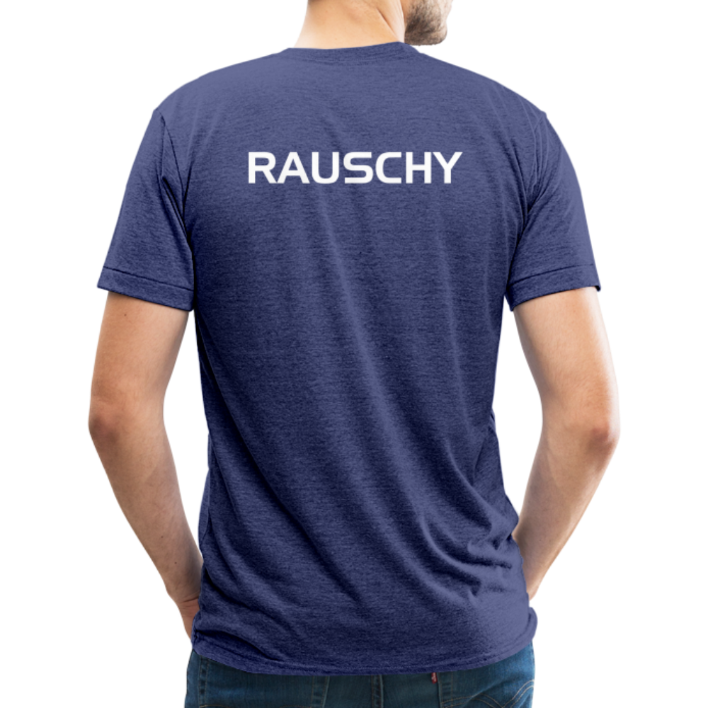 GRÜVN Unisex Tri-Blend T-Shirt - RAUSCHY on the back - heather indigo